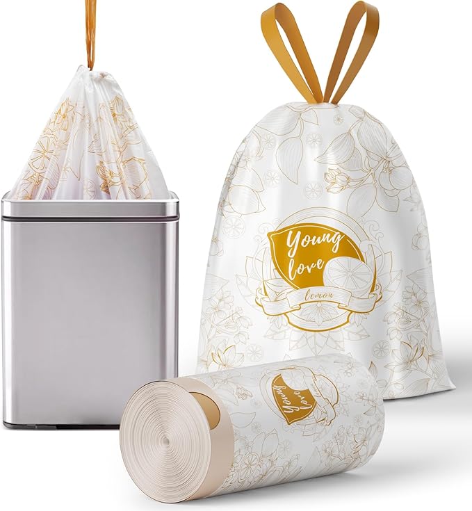VOK 13 Gallon Trash Bags with Lemon Print & Drawstring, Tear-Resistant Tall Kitchen Garbage Bags, Heavy-Duty Kitchen Trash Bags for Home, 50 Counts