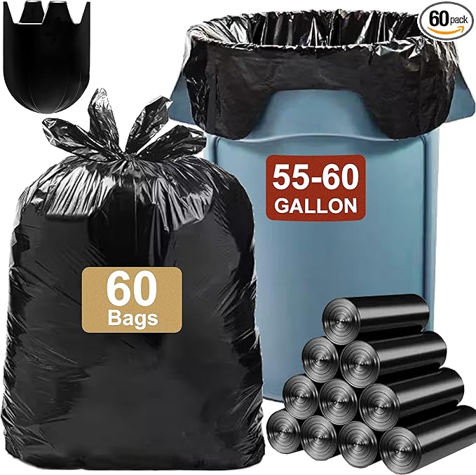 55-60 Gallon Heavy Duty Trash Bags (60 Count) 1.2 MIL THICK with Twist Ties Extra Large Sturdy & Tear-Resistant 55-60 Gallon Trash Bags Compatible with Rubbermaid Brute & Toter for Lawn & Leaf Bags