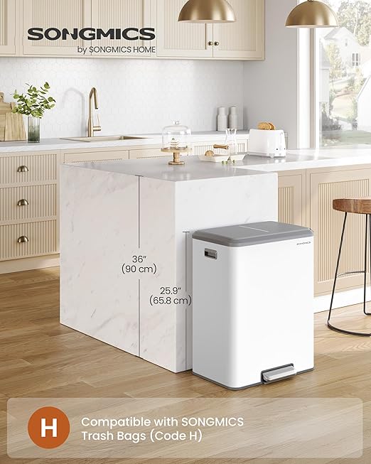 SONGMICS Trash Can, 2 x 8 Gallon (2 x 30 L) Double Garabge Can for Recycling and Waste, Stainless Steel, Soft-Close Lid, Inner Buckets, Wide Sturdy Pedal, Cloud White ULTB556W01