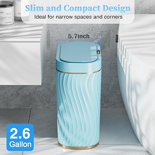 Bathroom Small Trash Can with Automatic Touchless Lid, 2.6 Gallon Smart Garbage Can Narrow Waterproof Trash Bin for Bedroom, Office, Living Room