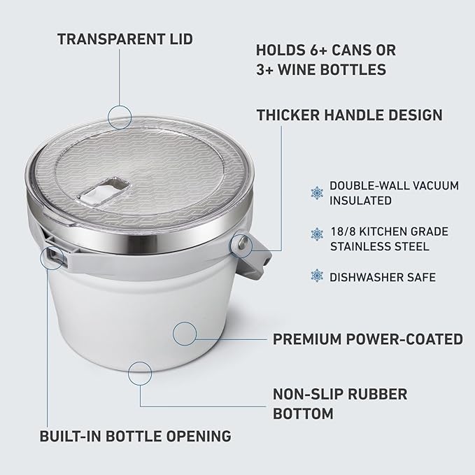 COKTIK 7L Insulated Ice Bucket with Lid，Double Wall Vacuum Stainless Steel Beverage Bucket Keeps Frozen Longer，Holds 6 Longnecks or 3 Bottles of Wine，for hot food, Large Parties(No Accessories, White)