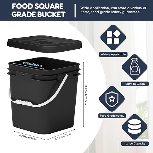 Mumufy 8 Pcs 3.5 Gallon Square Food Grade Bucket with Lid Square Bucket Pail with Plastic Handles for Storing Dry Food, Charcoal, Camping, Fishing (Black)