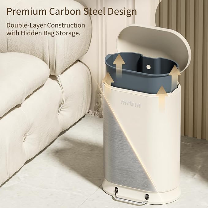 MRBIN Metal Kitchen Trash Can with Lid, 30L / 7.9gal Commercial Step Waste Basket for Bathroom, Medium Office Garbage Pail with Stainless Steel Foot Pedal for Near Desk, Bedroom, Rv, White