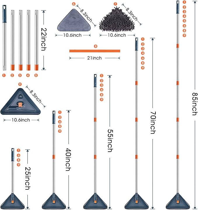 85 Inch Wall Cleaner with Long Handle, 360° Rotatable Wall Mop, Wall Washer Cleaner Tool for Walls/Ceiling Fans/Dust/Baseboard/Floors Clean, 6 Replacement Pads and 3 Silicon Squeegee Scraper Strips