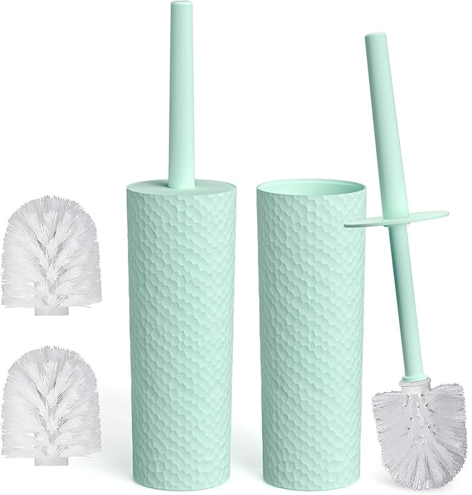 Topsky 2 Pack Compact Toilet Brush & Holder Set, Plastic Round Barrel Loo Brush with 2 Replacement Toilet Brush Head, Durable for Bathroom Toilet, Green