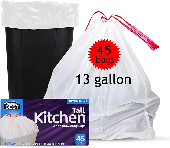 Heavy-Duty 1 Mil 13 Gallon White Trash Bags (45 Count) - Drawstring, Leak-Resistant for Home & Commercial Use