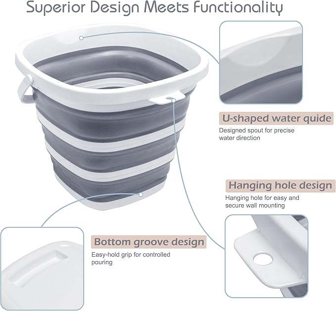 Collapsible Bucket, 2.6 Gallon (10L) - Square Foldable Mop Bucket for House Cleaning, Car Washing, Camping - Portable Water Pail for Outdoor, RV, Travel (Grey)