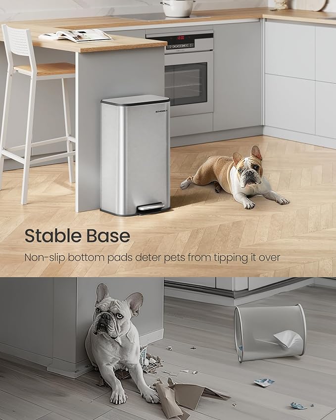 SONGMICS Kitchen Trash Can, 8-Gallon (30 L) Garbage Can with Lid, Stainless Steel, Soft Close and Stays Open, Inner Bucket, Wide Non-Slip Pedal, Metallic Silver ULTB546E01