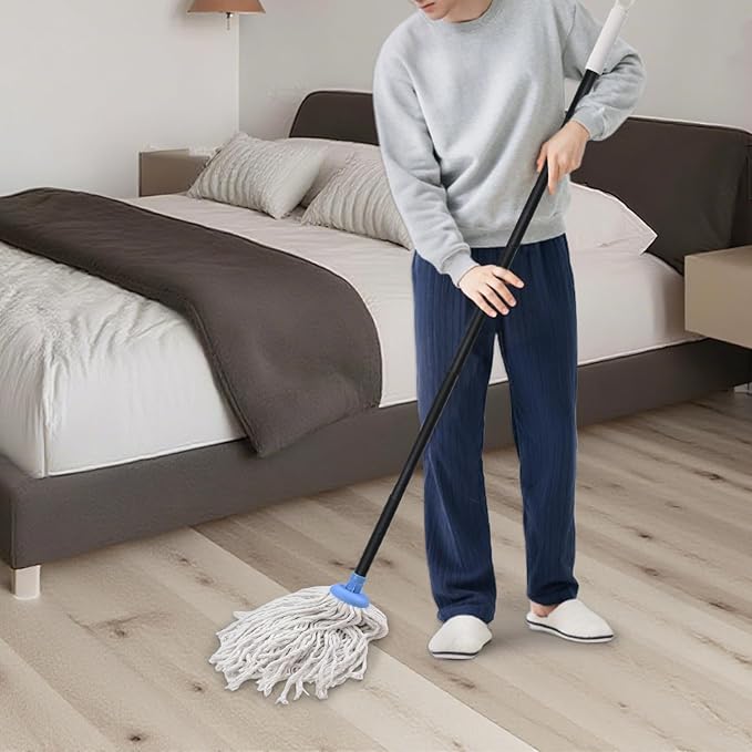 Indoor Mop for Floor Cleaning - Cotton Mops for Floor Cleaning, Regular Mop for Floors, 52-inch Simple Mops for Cleaning Living Rooms, Bathrooms, and Kitchens. (White&Blue)