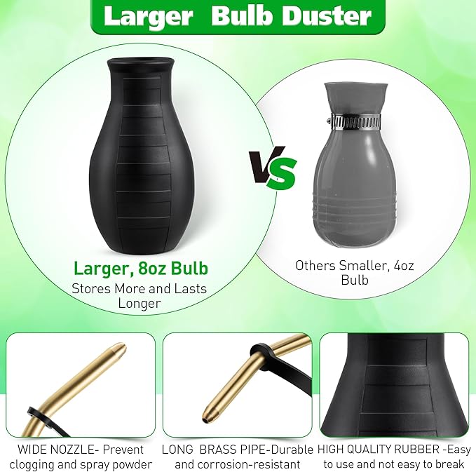 Qualirey Diatomaceous Earth Powder Duster, Garden Powder Applicator Dispenser with Long Metal Tube, Bulb Duster Sprayer Insect Duster for Home Powders for Organic Gardening Agricultural Supply