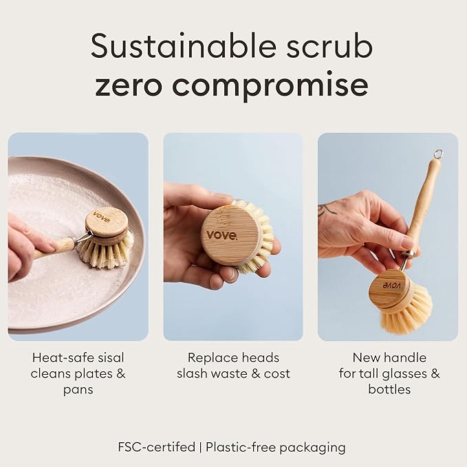 Vove Bamboo Dish Brush Replacement Heads, 4 Pack - FSC-Certified Bamboo - Natural Fiber Bristles - Compatible with Vove Dish Brush - Non-Toxic, Plastic-Free