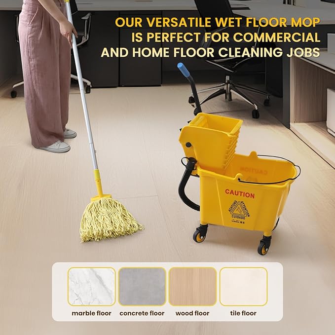 35-Qt Side Press Wringer Combo Commercial Floor Cleaning Rectangular Mop Bucket on Wheels, Yellow,Add One Commercial Mop and One Mop Head Replacement