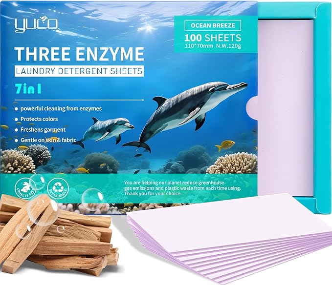 YUCO Laundry Detergent Sheets 100 Washes, Concentrated Laundry Detergent, Washing Soap Washer Sheet, for Deep Cleaning Grament Freshening, Hypoallergenic, Plastic Free Packaging (Ocean Breeze)