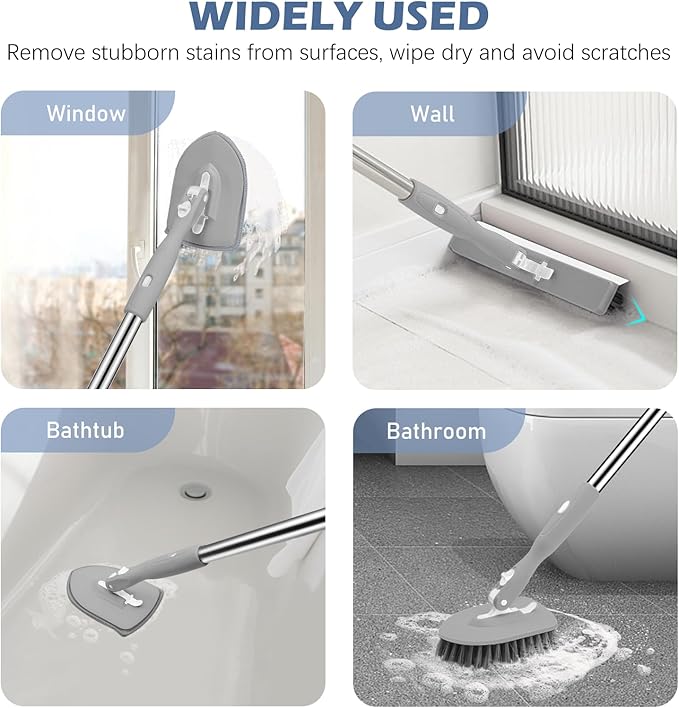 SetSail 4-in-1 Tile Tub Floor Scrubber with 52-inch Long Adjustable Handle Shower Cleaner Brush with V-Shaped Grout Brush and 3 Replacement Brush Heads for Bathroom Kitchen Sink Walls Tub Tile, Grey