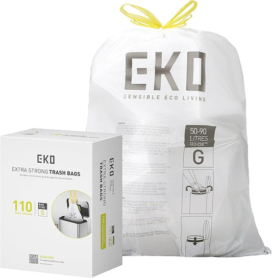 EKO 21 Gallon / 50-90 Liter,110 CountDrawstring Trash Bags, Extra-Strong Unscented Garbage Bags, Easy-Dispense Roll for Kitchen & Household Use, Resists Tears, Leaks and Punctures, Code G, White