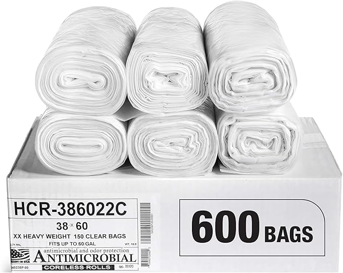 Aluf Plastics High Density Trash Bags, 60 Gallon, 600 Count, 22 Micron (eq), 38" x 60", Clear, for Bathroom, Office, Industrial, Commercial, Janitorial, Municipal, Recycling
