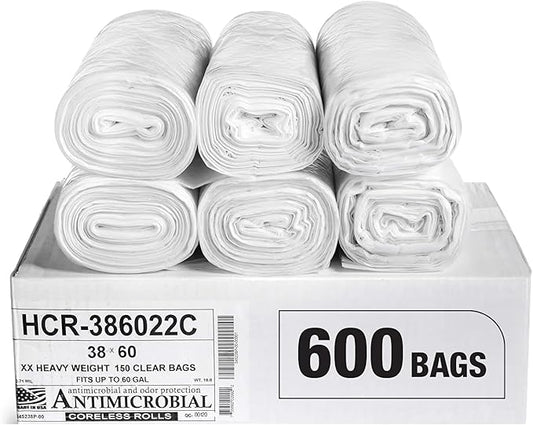 Aluf Plastics High Density Trash Bags, 60 Gallon, 600 Count, 22 Micron (eq), 38" x 60", Clear, for Bathroom, Office, Industrial, Commercial, Janitorial, Municipal, Recycling