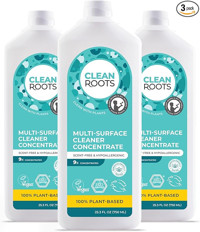 Multi-Surface Cleaner Concentrate – EcoGarantie Certified, 100% Plant-Based Formula, Made with Organic Ingredients, Scent-Free & Hypoallergenic – 25.3 fl oz (750 mL), Pack of 3