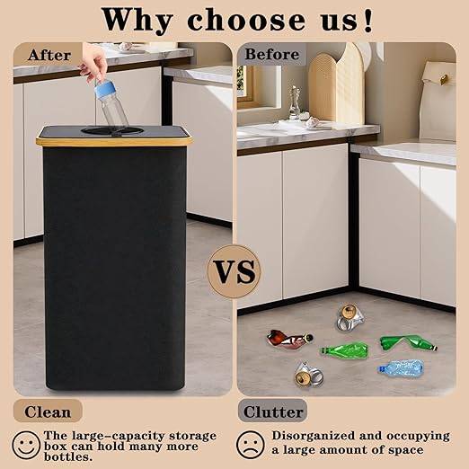 Recycling Bin for Kitchen 26 Gallon, 100L Large Recycle Bins with Bamboo lid, 2 Removeable Reusable Inner Bags, Foldable Kitchen Trash Can for Recycling Bottle Glass Waste Plastics, Black