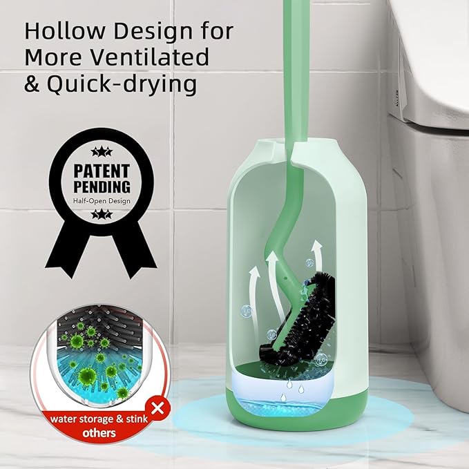 HAMITOR Toilet Bowl Brush Holder Set: Bathroom Deep Cleaning Toilet Cleaner Scrubber Under Rim with Curved Bristle for Dead Corner Clean - Hidden Rv Toilet Decorative Accessories with Caddy- Green