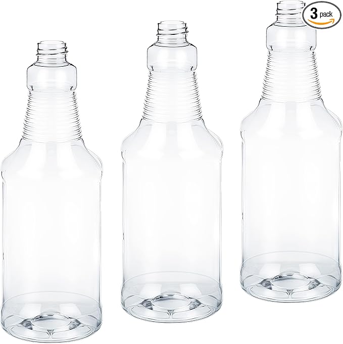 Pro Grade, BPA-Free 32oz Spray Bottle 3 Pack - Bottles ONLY. Spray Heads NOT Incl. Clear, 32 Oz Heavy Duty Plastic Bottles for Spraying Chemicals and Bleach. Best Home and Commercial Cleaning Supplies