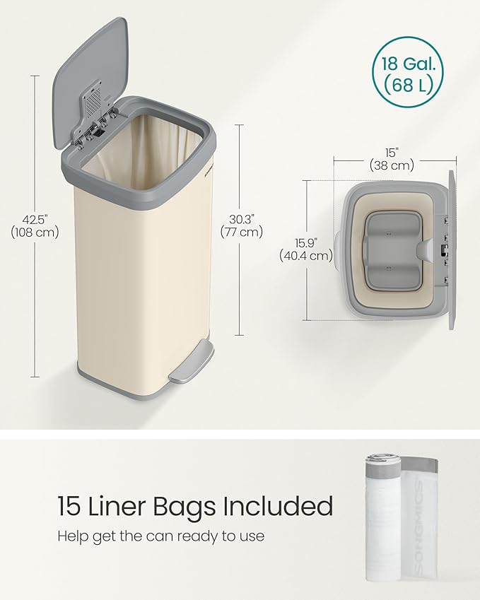 SONGMICS Kitchen Trash Can, 18-Gallon Stainless Steel Garbage Can, with Stay-Open Lid and Step-on Pedal, Soft Closure, Tall, Large and Space-Saving, Sand Beige and Dove Gray ULTB520A01