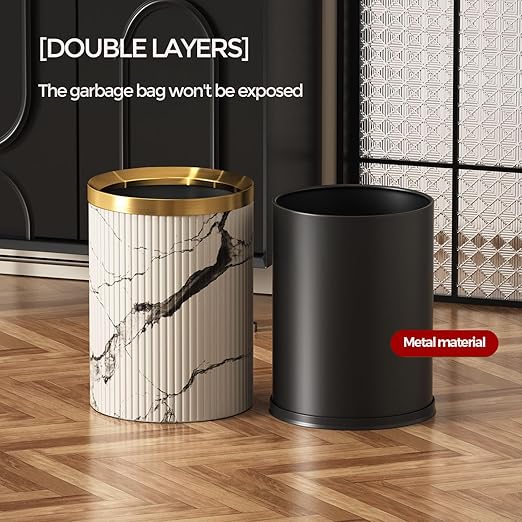 Small Fancy Bathroom Trash Can, Metal Trash Can Covered with Leather, Open Top, Hide The Garbage Bag，Bathroom, Living Room, Bedroom, Office, Bank, Hotel (12L-Ink Painting)