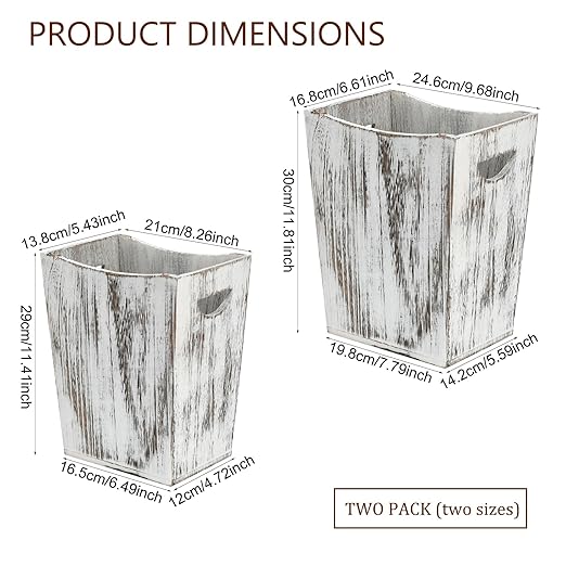 2 Pack Trash Can Wood Waste Basket Wooden Garbage Bins Decorative Farmhouse Trash Can for Bathroom Bedroom Office Desk Living Room (Rustic White)