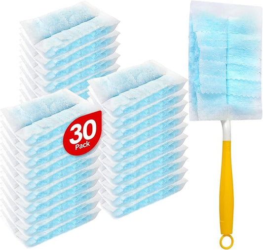 30 Count Microfibre Feather Duster Refills Compatible with Swiffer Dusters, Disposable Static Dust Removal Refills, Multi-Surface Duster with 1 Pcs Short Handle(Unscented, Pack of 1)