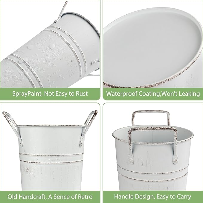 9 Inch Galvanized Metal Vases for Flowers - 8 Pcs Farmhouse Decorative Tall Flower Bucket with Handles, Rustic French Tin Planter Buckets for Table Weddings Home Decor (White, 8 Pcs 9inch)