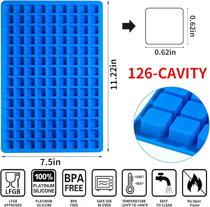 Sidosir Square Hard Candy Mold Silicone, 126-Cavity Mini Gummy Caramel Silicone Molds for Fat Bombs, Chocolate Truffles Mold for Hard Candy, Ice Cube 3Pcs