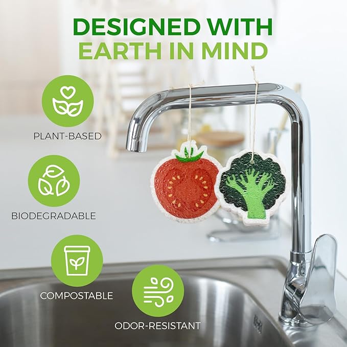 Biodegradable Cellulose Compressed Sponges Bulk - Vegetable Shaped Kitchen Pack of 8 - Eco Friendly, Odor Free, Natural, Pop Up Compostable Scrubbers for Washing Dishes
