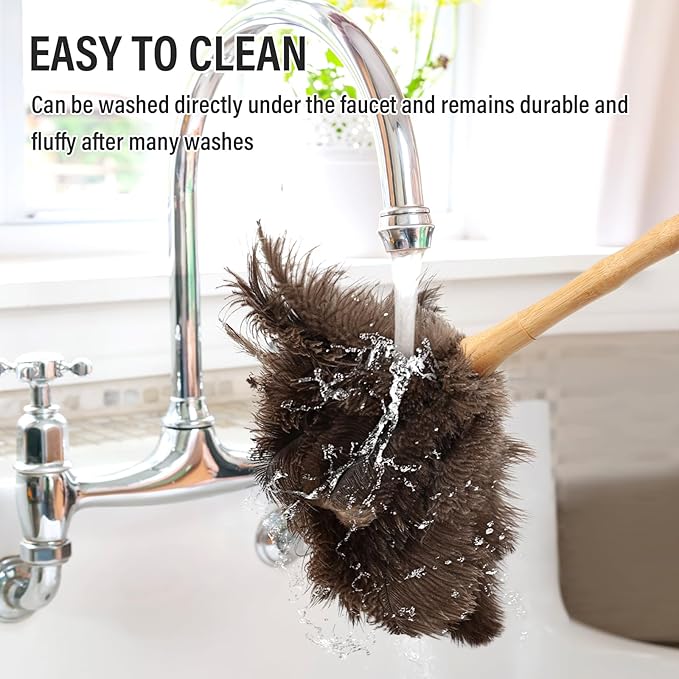 Ostrich Feather Duster 16 Inch, Feather Duster for Cleaning Ceilings Furniture Fans with Wooden Handle for Home, Car, and Office Cleaning (16in)