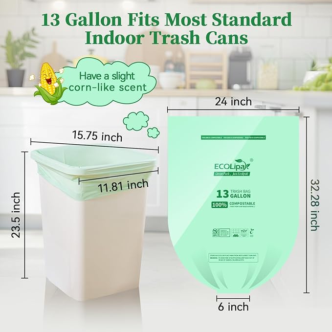 ECOLipak 13 Gallon Compostable Trash Garbage Bags, 100 Count (2 Rolls) Biodegradable Heavy Duty Bathroom Kitchen Trash Bags for Home/Office, US BPI ASTM D6400 and OK Compost Home Certified