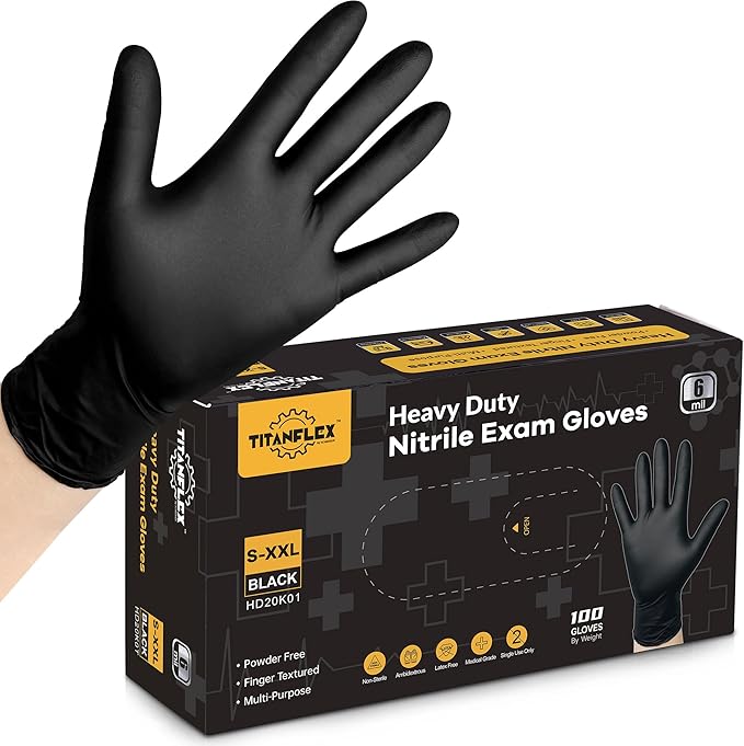 TitanFlex Disposable Nitrile Exam Gloves, 6-mil, Black, Heavy Duty, Latex Free, Food Safe for Cooking & Food Prep
