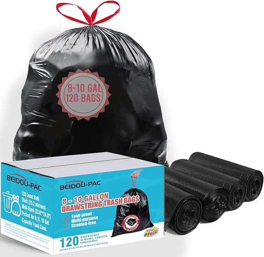 8-10 Gallon Trash Bags Drawstring, 120 Count Bulk, Black & Unscented Multi-purpose Garbage Bags for Business Home Bathroom Kitchen Commercial and Industrial
