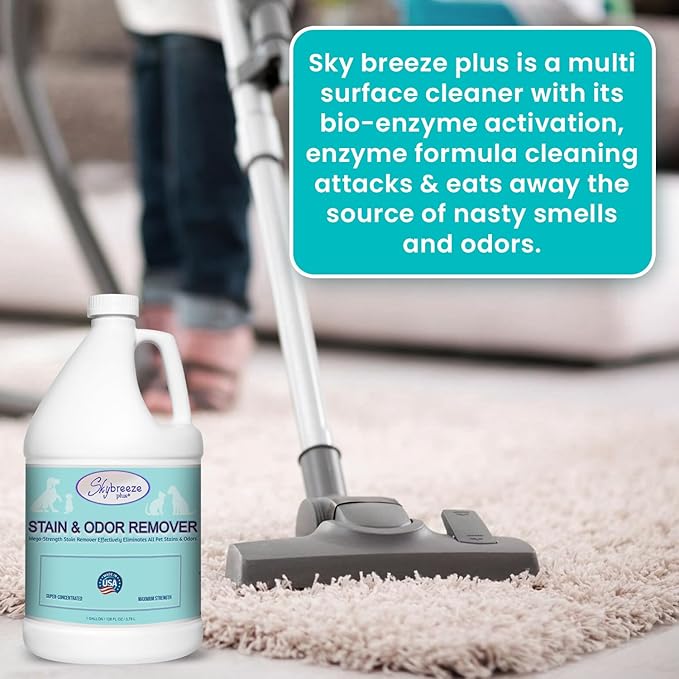 Pet Stain Odor eliminator - Super-concentrated Enzyme cleaner - Sky breeze plus - Extra Strong Odor and stain remover - Best Remover for Cat and Dog Pee All Purpose Cleaner and Deodorizer 1 gallon