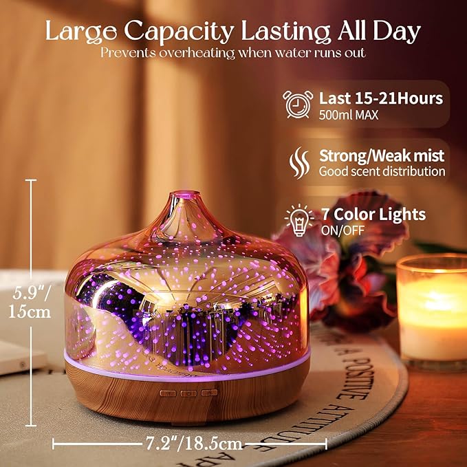 Porseme 500ml Essential Oil Diffuser 3D Glass Aromatherapy Ultrasonic Humidifier - Auto Shut-Off, Timer Setting, BPA Free for Home Hotel Yoga SPA Gift