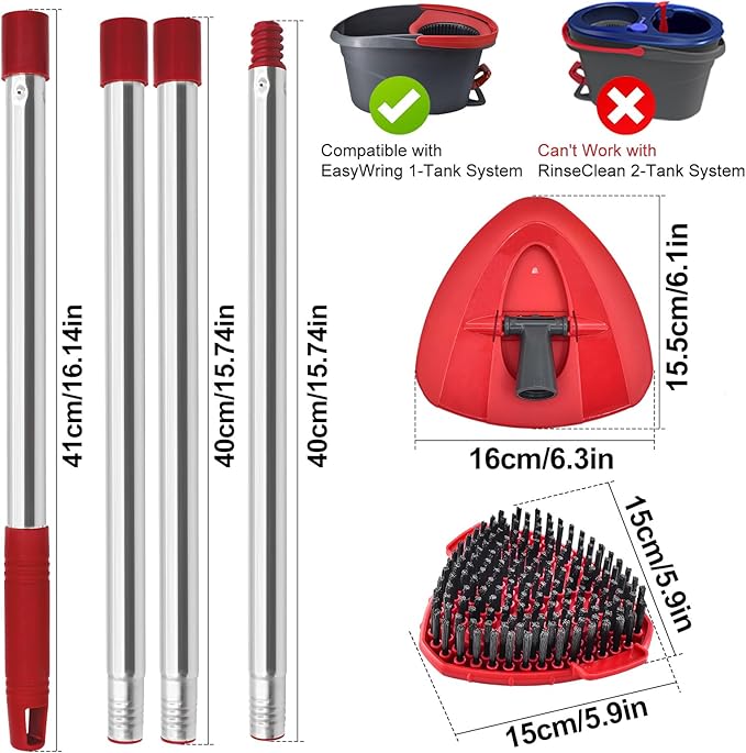 Mop Handle for Ocedar, Spin Mop Handle Replacement for O Cedar, 4 Section 30" to 58" Mop Handles for Ocedar Spin Mop, Include Mop Stick, Upgrade Mop Scrubber Head and Mop Base for Cedar Mop