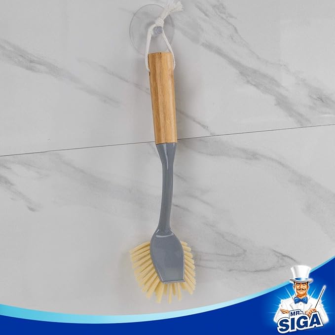MR.SIGA Dish Brush with Long Bamboo Handle Built-in Scraper, Scrub Brush for Pans, Pots, Kitchen Sink Cleaning, Pack of 2