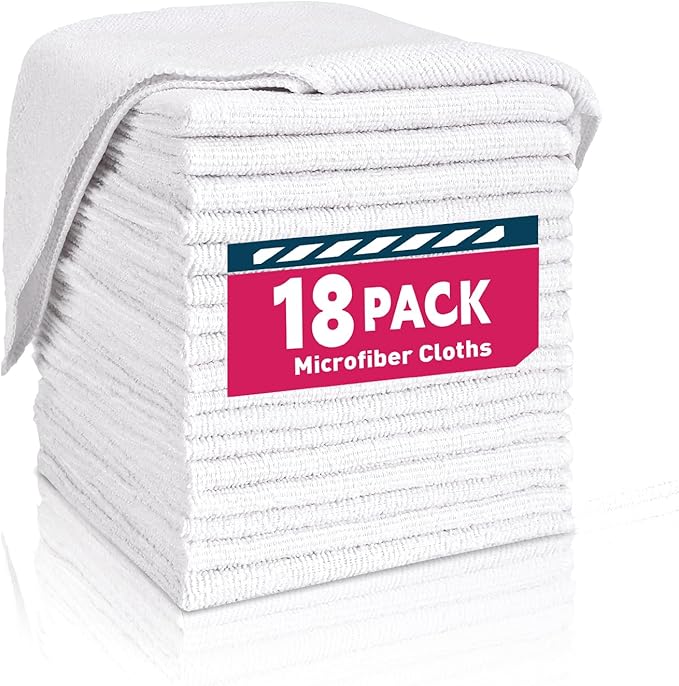 White Microfiber Towels- 18 Pack, Microfiber Cleaning Cloths Bulk, Microfiber Towels for Cars, Cleaning Rags (12x12 inches)