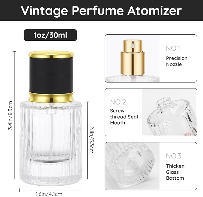 Segbeauty 1oz Glass Perfume Travel Refillable Atomizers 4pcs, Small Perfume Spray Bottle Empty, 30ml Clear Travel Cologne Sprayer with Refill Tool Kit, Sample Cologne Bottles, Fragrance Atomizer