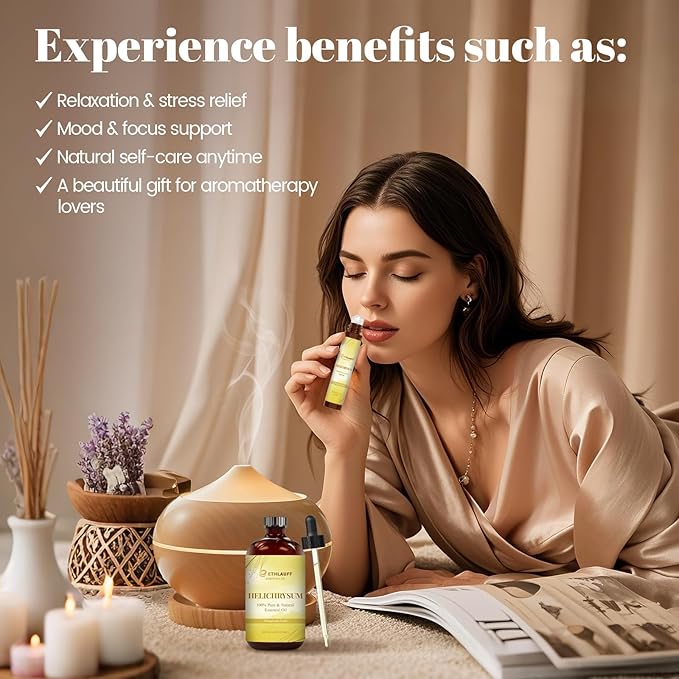 Helichrysum Essential Oil (4 fl.oz Bottle + 0.34 fl.oz Roll-On) — Helichrysum Oils for Aromatherapy, Diffusers, Humidifiers, Home fragrances, DIY Skincare, Candle, Soap Making, Relaxation, Yoga