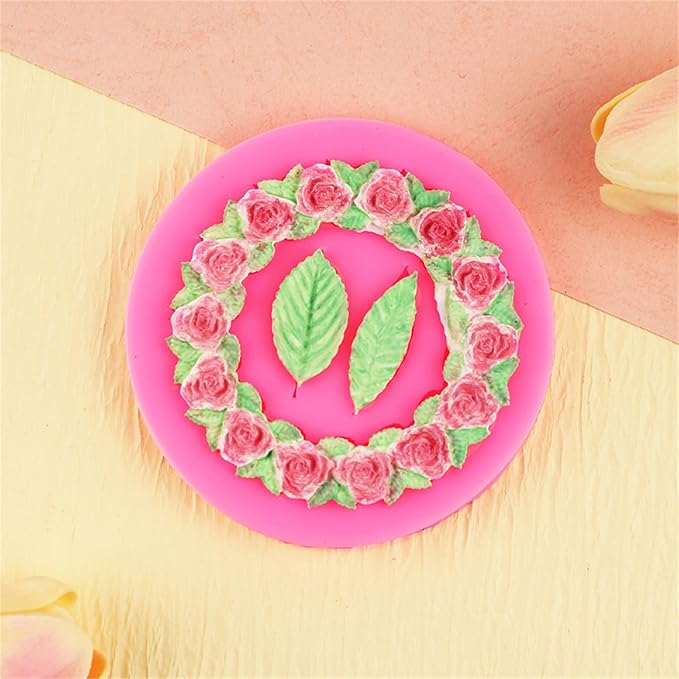 2pcs Round Rose Wreath Leaves Fondant Chocolate Candy Silicone Mold Cake Decorating Baking Pastry Tools Soap Resin Polymer Clay Mould