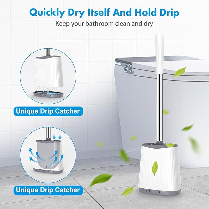 Toilet Brush, 2 Pack Silicone Toilet Brush and Holder, Flexible Toilet Bowl Brush Head with Ventilated Holder, Wall Mounted Compact Toilet Scrubber Set for Bathroom Cleaning (White)