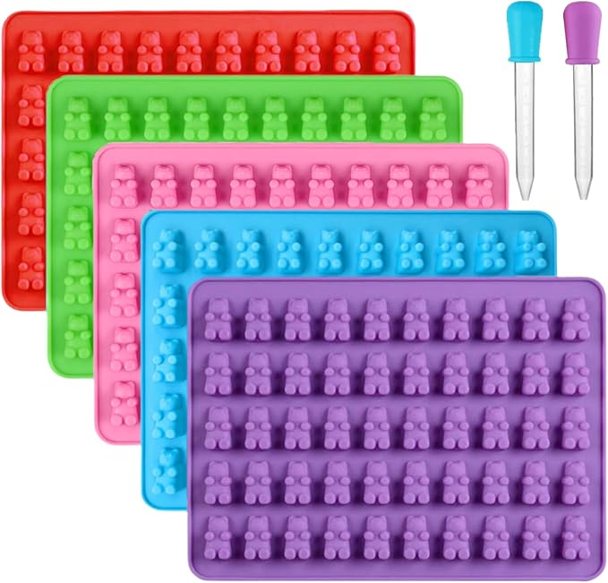 2 Piece Gummy Bear Silicone Molds, Non-Stick Chocolate Candy Mold with 2 Droppers Food Grade (Purple+Blue+Pink+Green+Red)