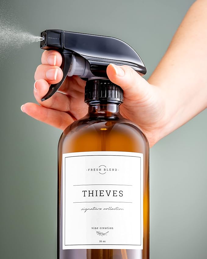 Vine Creations Amber Glass Spray Bottles, 2 Pack Glass Refillable Bottles for Cleaning solutions, 16 oz Spray Bottle for Cleaning, Mister Spray Bottle, Amber Spray Bottles with Waterproof Labels