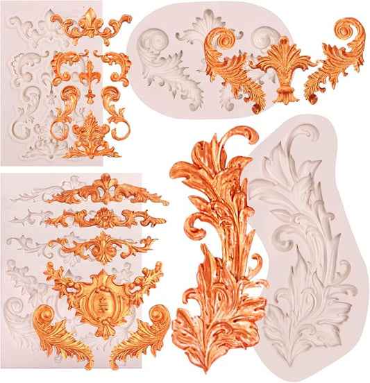 Baroque Feather Chocolate Molds Silicone, Scroll Relief Border Fondant Molds, for Wedding Party Cake Decoration, Cupcake Toppers, Sugar Craft Gum Paste Polymer Clay Pie Candy