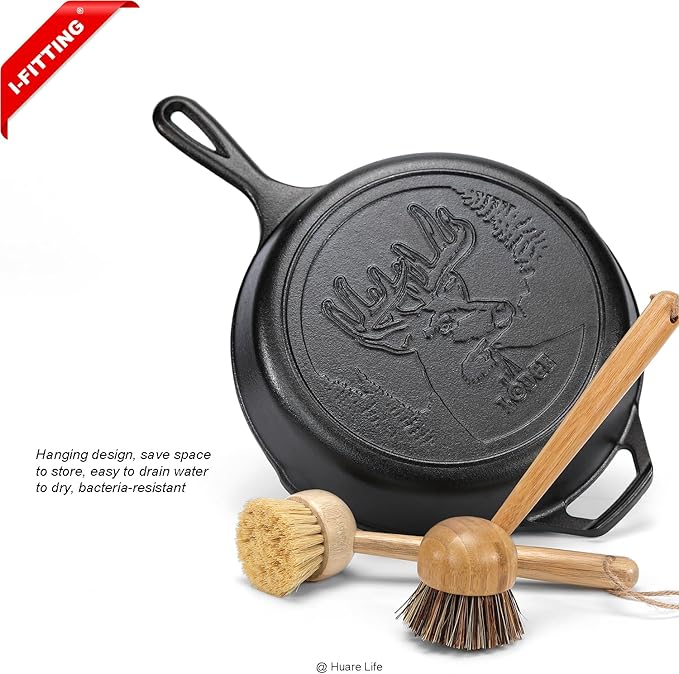 Bamboo Dish Scrubber, Dish Brushes with Bamboo Handle, Wooden Cleaning Scrubbers Stiff Bristles for Washing Kitchen Cast Iron Pan Pot, Kitchen Cleaning Set