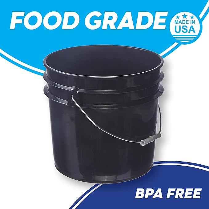 Consolidated Plastics 3.5 Gallon Black Food Grade Buckets + 6 Gamma Seal Lids, BPA Free Container Storage, Durable HDPE Pails, Made in USA (6 Pack)